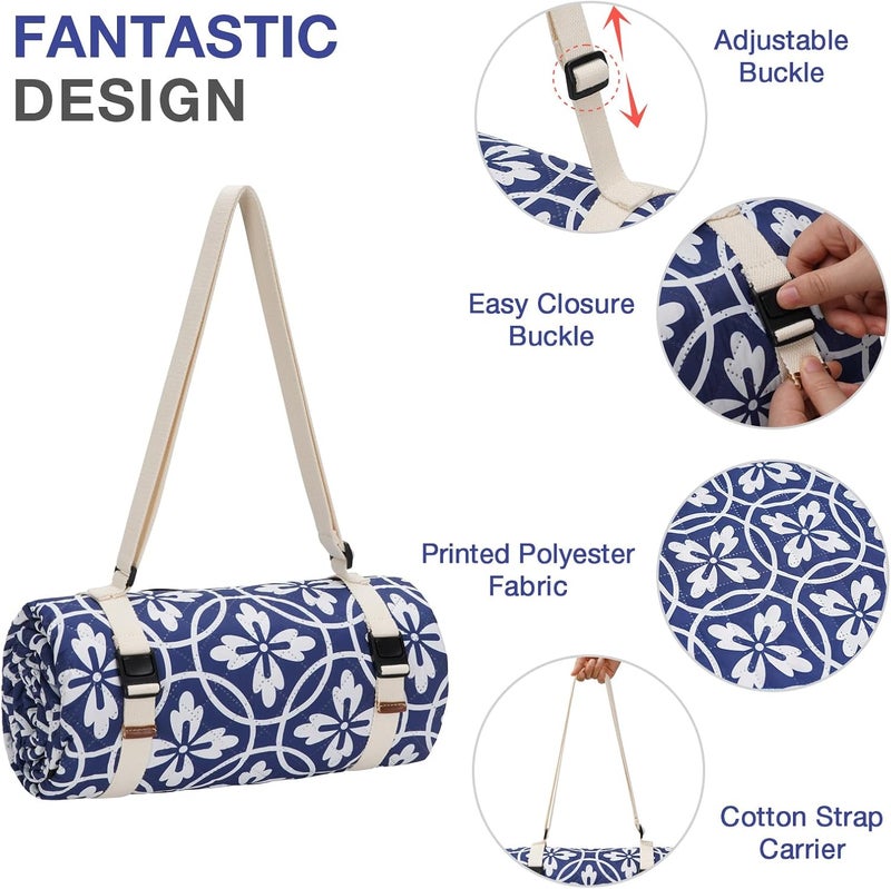 WILLOW WEAVE Picnic Blanket, 80''x80'' Waterproof Outdoor Blankets, Picnic Mat Washable for Beach, Picnic Blankets for Camping on Grass with Shoulder Strap - NavyBlue - Image 3